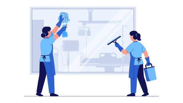Professional Cleaning Service: Two cleaners meticulously polish a large glass window, one using a cloth and the other a squeegee, symbolizing cleanliness and order in a modern setting.