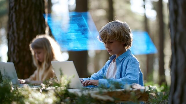 education technology, children utilizing laptops and ai in a forest classroom with holographic information panels for nature education and strong concentration