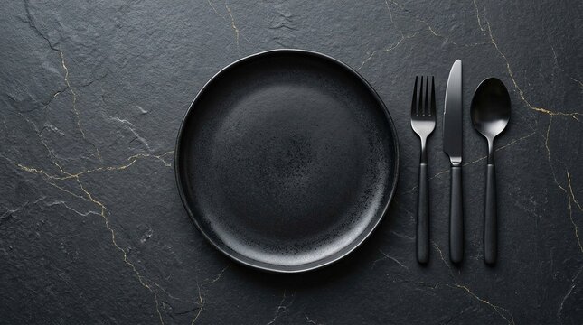 Elegant matte black dinnerware set featuring empty round plate placed next to fork knife and spoon on luxury dark grey marble stone background for fancy dining.