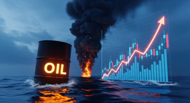 Global oil price surge with burning barrel in ocean, rising stock market financial chart, energy crisis and petroleum industry concept