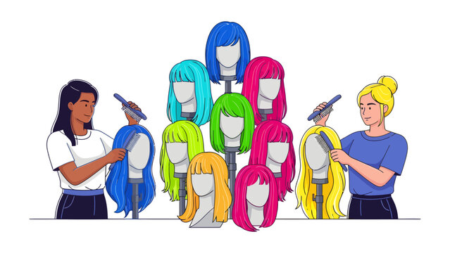 Styling Wigs with Flair: Two individuals engage in the art of wig styling, surrounded by a vibrant collection of colorful wigs displayed on mannequin heads.