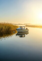 Obraz premium Serene landscape featuring a small boat near reeds at dawn with golden sunlight and perfect water reflection