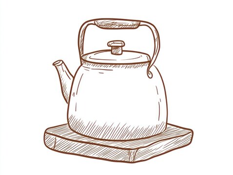 Line drawing of a classic stovetop kettle atop a wooden trivet; kitchen design element