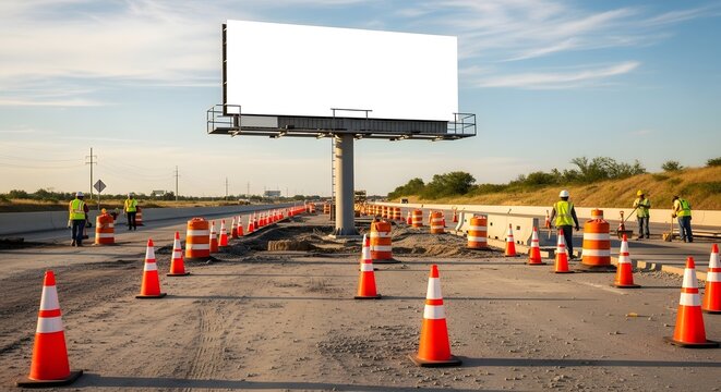 Billboard mockup on highway construction site with workers and safety cones