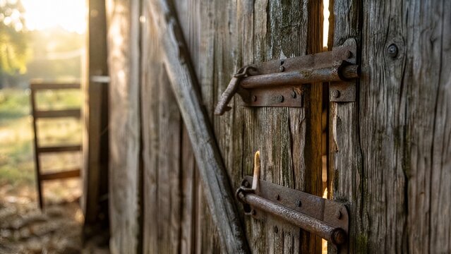 Weathered wooden barn door with aged metal hasps in morning light.