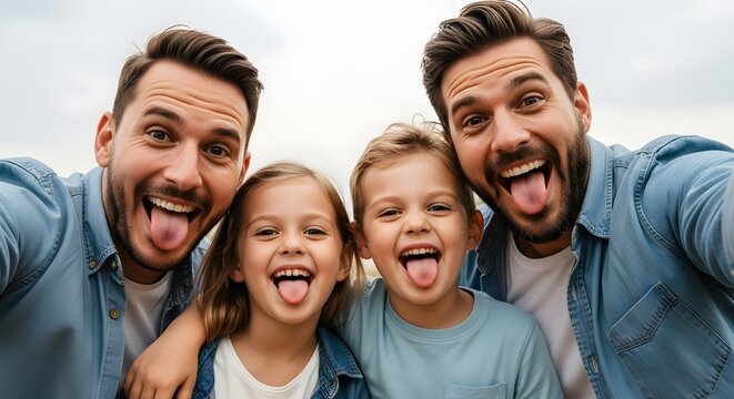 Two men and two children sticking out tongues
