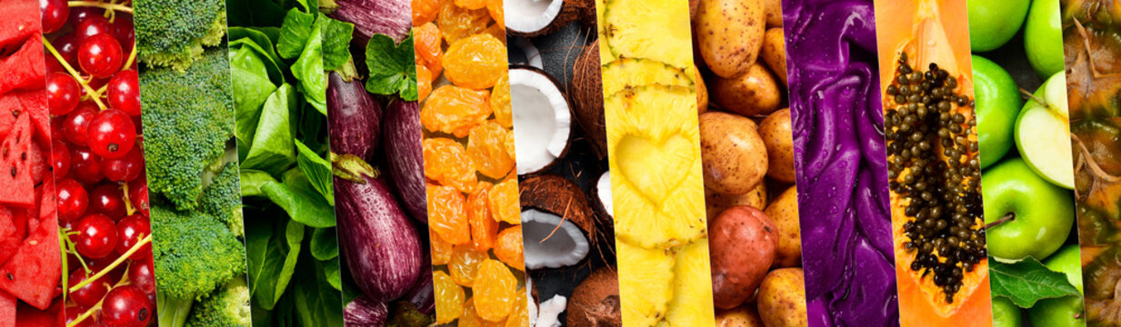 Vegetables and fruits collage banner. Textured macro photos of fresh organic fruits and vegetables. Bright colors for website or store page.