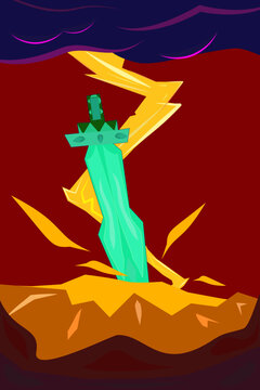 Magic crystal sword stuck in rock with lightning storm background.