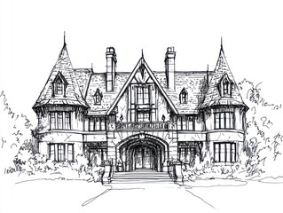 Fototapeta premium Hand-drawn architectural sketch of a large, detailed home, featuring turrets, and arched entrance