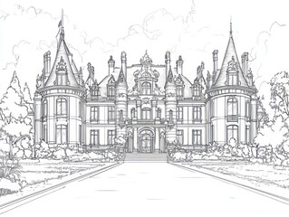 Obraz premium Architectural sketch of a stately mansion, driveway leading to the entrance, intricate details