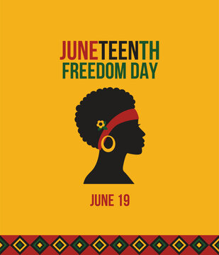 Juneteenth Freedom Day vector banner with Black woman silhouette profile and African traditional pattern on yellow background
