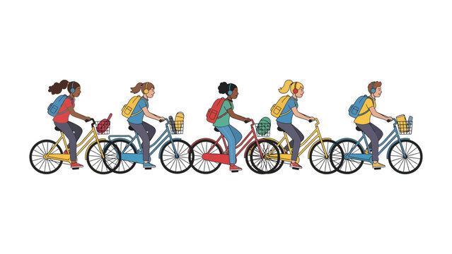 Children on Bicycle Adventure: A group of diverse children ride bicycles together, backpacks on, embarking on an exciting outdoor adventure.