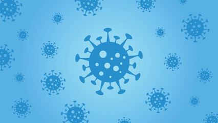 Blue virus particles float against a soft gradient background. Central particle stands out, detailed with spikes and dots. Design evokes scientific awareness without appearing alarming © rochmuch