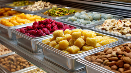 Obraz premium A variety of South Asian sweets and dried fruits on display, a colorful mithai sweet shop with candied fruits and almonds