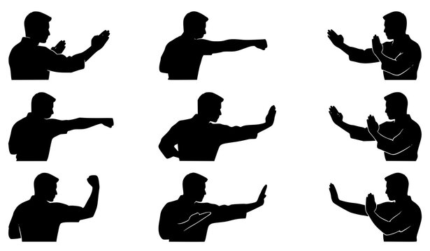 Close up upper body martial arts silhouette vector set of hand strike and fist punch poses