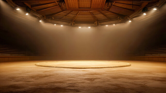 An empty sumo ring in a traditional Japanese arena, the impressive dohyo stage with its warm spotlights and wooden interior
