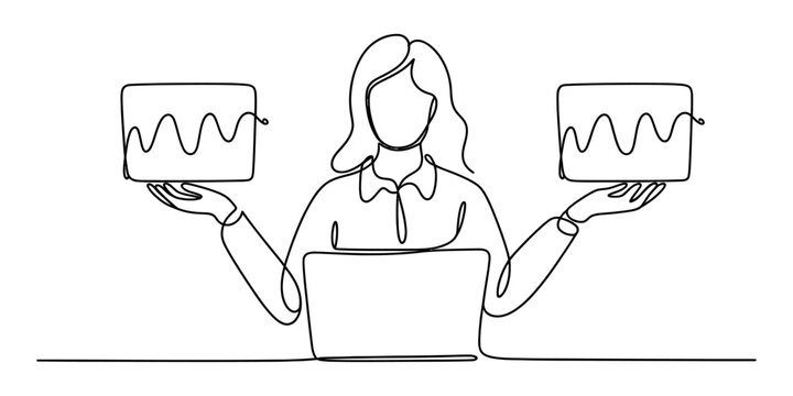 Continuous line drawing of a business woman working on a laptop and holding two charts showing financial data growth and comparison for office analysis