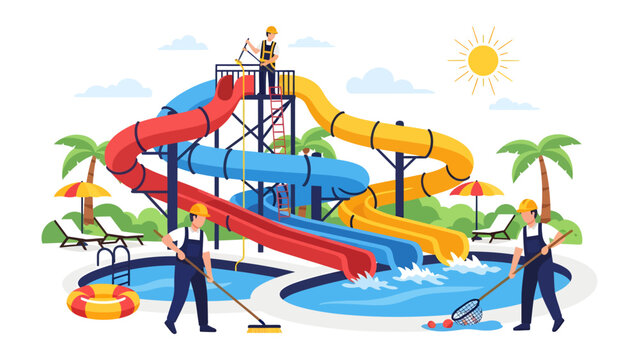 Water Park Maintenance Crew: A dedicated team meticulously cleans a vibrant water park, ensuring a pristine and enjoyable experience for visitors under the bright summer sun.