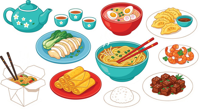 Traditional asian food vector element set featuring ramen noodles dumplings spring rolls teapot and takeaway box