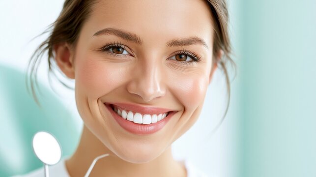 Smiling young woman with radiant white teeth and subtle cheek glow in medium shot dental mirror in hand set against a clean clinical background with aqua accents and bright highkey