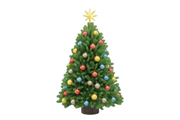 Fototapeta premium A3d rendered christmas tree with green pine needles, decorated with colorful red, yellow, and blue baubles and a golden star on