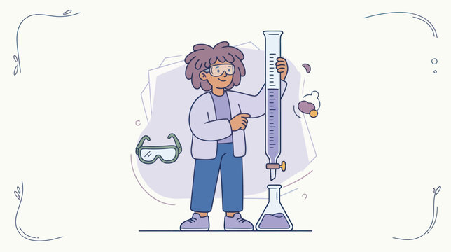 A curious scientist in goggles works with a burette and flask performing a chemistry experiment with precision