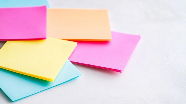 Pastel sticky notes scattered on white, top-down. Blank squares for ideas and reminders. Clean organization, planning concept with abundant copy space. ,office supplies, brainstorming
