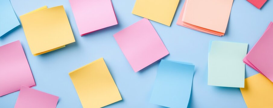 Pastel sticky notes, scattered and stacked in a flat lay on a light blue background, symbolizing ideas, reminders and creative organization. Productivity, memo