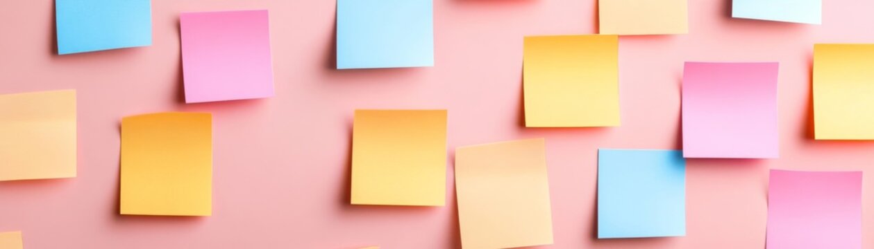 Scattered pastel sticky notes in yellow, pink, blue, on a soft pink background. Dynamic layout for ideas, tasks and creative organization,Reminders ,Productivity