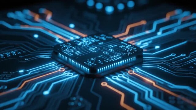 Futuristic Microchip Processor with Glowing Blue and Orange Circuitry Lines Representing Artificial Intelligence and Data Flow