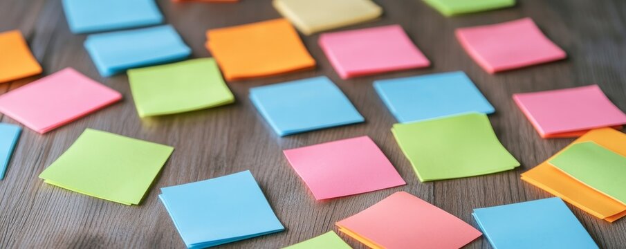 Scattered vibrant sticky notes (pink, blue, green, orange) on a wooden desk. A close-up, shallow DOF shot, symbolizing brainstorming, planning and ideas. Post-its