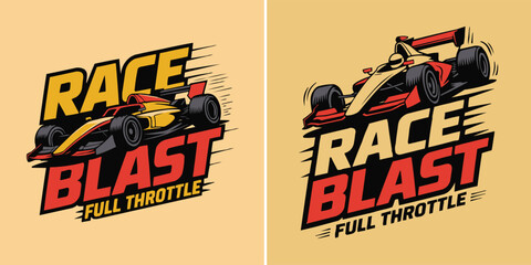 Vintage style formula one racing car with bold typography design © Vectyx