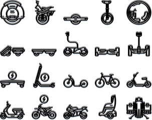 Collection of stylized black and white line art illustrations depicting various electric and alternative urban mobility vehicles and personal transport devices © vectorwin