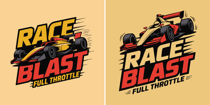 Vintage style formula one racing car with bold typography design