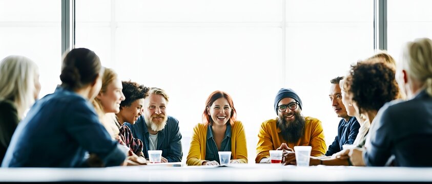 Group of people in a meeting room, smiling and engaged. 64k 8k widescreen, HDR,