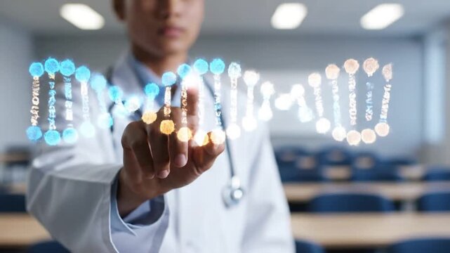 Scientist Interacting with Glowing DNA Double Helix Hologram for Genetic Engineering and Biotechnology Research