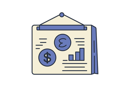 Financial Dashboard Icon. Flat line icon style. Hanging presentation board showing market analytics, data statistics, bar charts, and currency growth