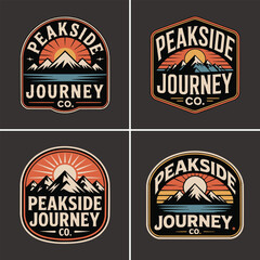 Naklejka premium Four vintage mountain adventure badges with sun and text design