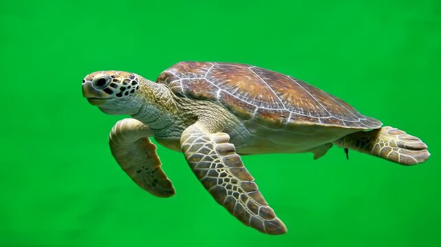 A sea turtle swimming through water with a green background