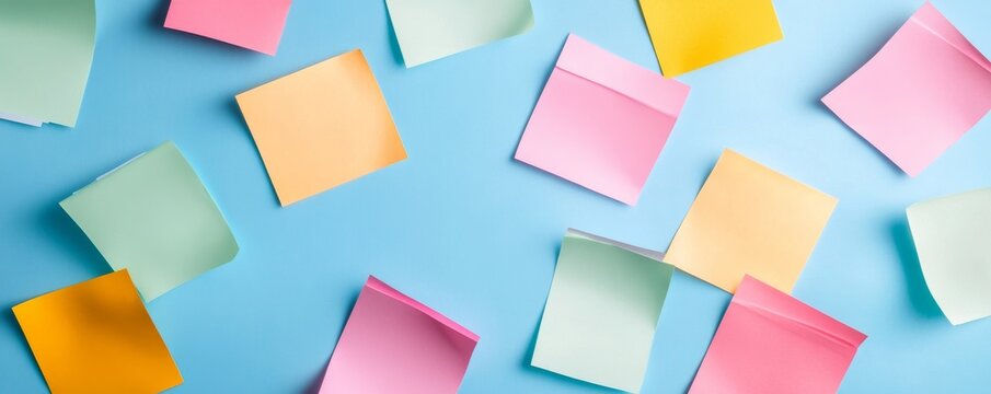 Top-down view of colorful pastel sticky notes scattered on a light blue background. Ideal for ideas, reminders and brainstorming with ample copy space., productivity, memo