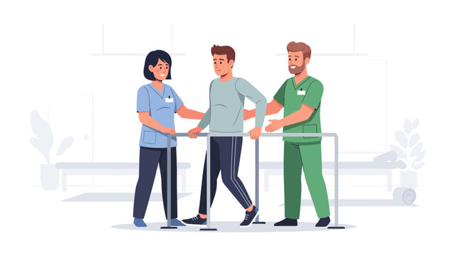 Rehabilitation Support: A physical therapist and an assistant carefully guide a male patient through rehabilitation exercises using parallel bars.