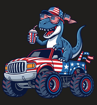 4th of July Patriotic T-Rex Dinosaur Riding a Monster Truck Cartoon Vector