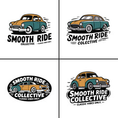 Fototapeta premium Four vintage car logo designs featuring smooth ride collective text art