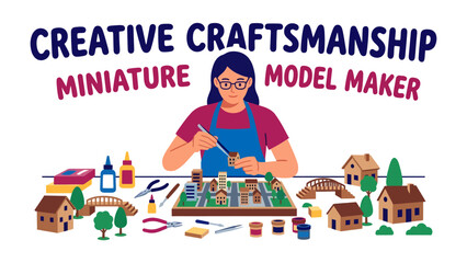 Fototapeta premium Crafting miniature worlds: A focused individual meticulously creates miniature model buildings, surrounded by crafting tools and supplies.