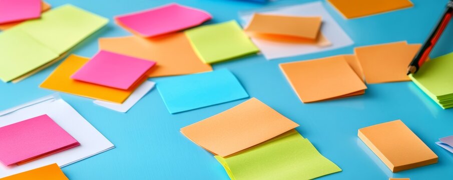 Top-down view of vibrant pink, orange, blue, green sticky notes, some stacked, scattered on a bright blue desk with a pencil. Symbolizes brainstorming, ideas and task management.