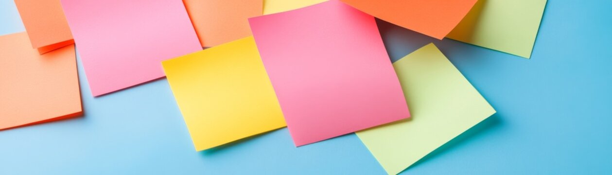 Top-down view of vibrant pink, yellow, orange and green blank sticky notes casually scattered and layered on a bright blue background, symbolizing ideas and organization. Memo, Office