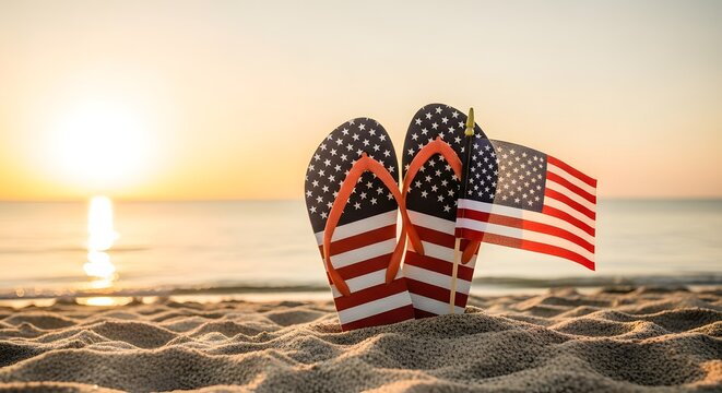 American flag pattern flip flops on beach at sunset