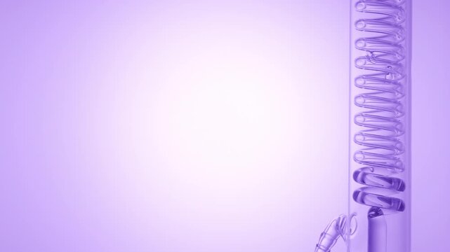 Pale violet transparent solution flows through a vertical coil lab condenser, filling the coiled glass tube on the right, left side as copy space on purple ramp bg
