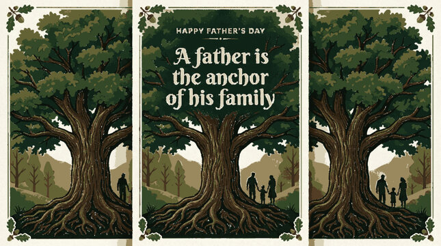 Father's day motivational poster featuring a large oak tree symbolizing strength and family unity in a vintage illustration
