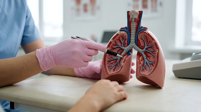 Doctor Explaining Bronchiectasis Using Anatomical Lung Model for Patient Education in a Modern Medical Clinic Consultation